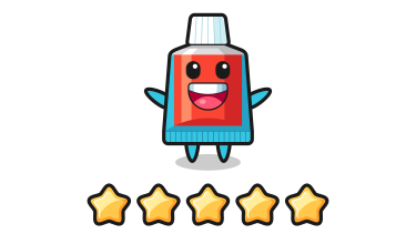 Cartoon character that is smiling tube of toothpaste below which are five yellow stars
