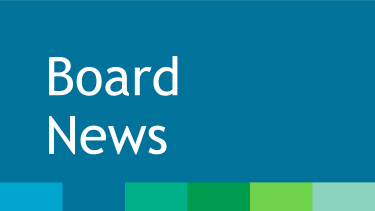Blue graphic that says, Board News.